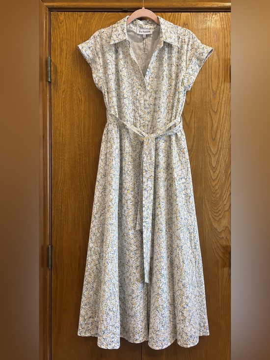 En Saison Dresses & Skirts - NWT En Saison Floral Midi Dress Blue Yellow Ivory Belted Shirt Dress L